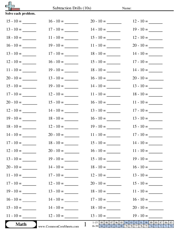 10s (horizontal) worksheet